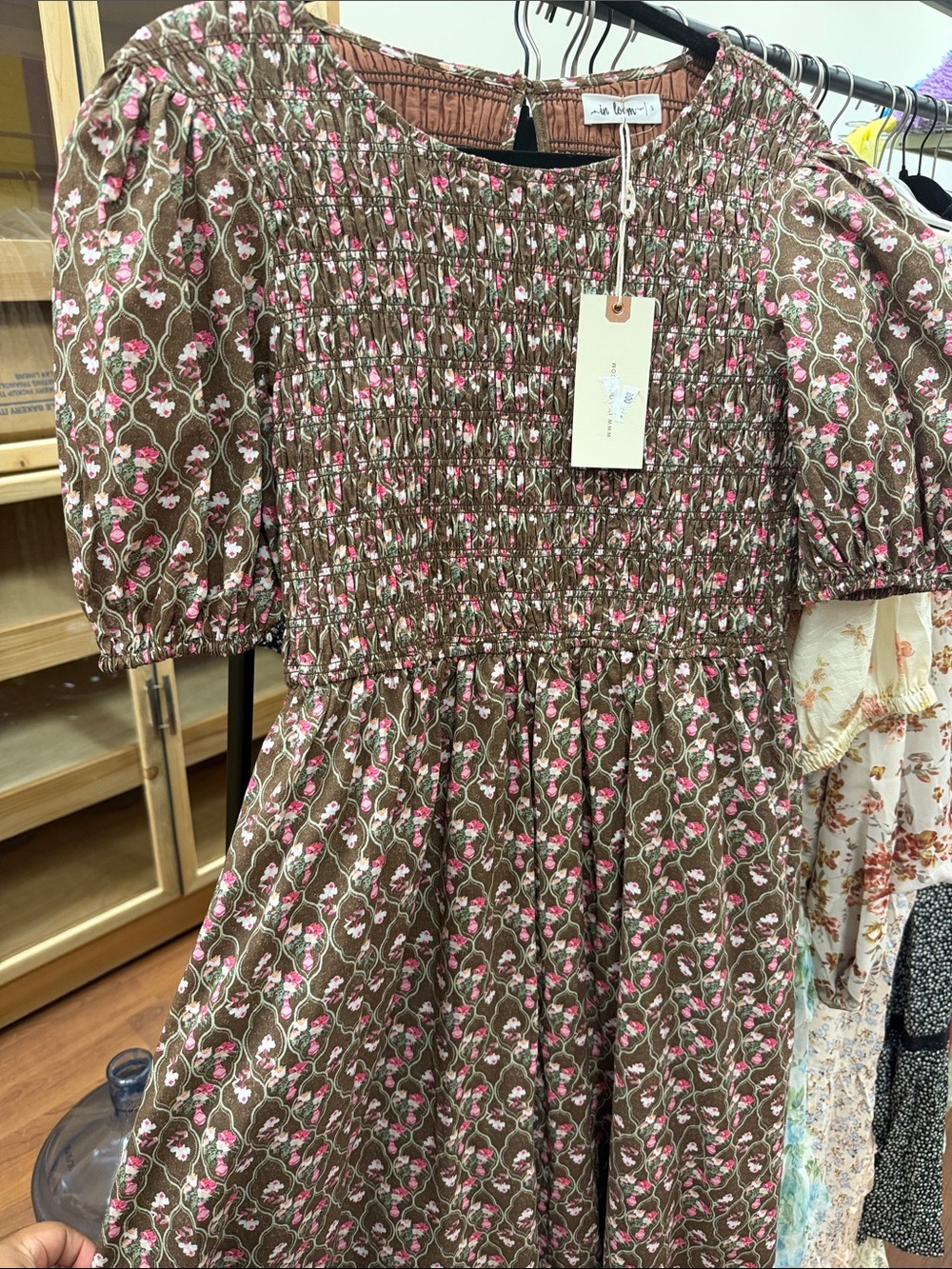 Smocked Puff Sleeve Maxi Dress in Brown with Pink Floral - Picture 2 of 4